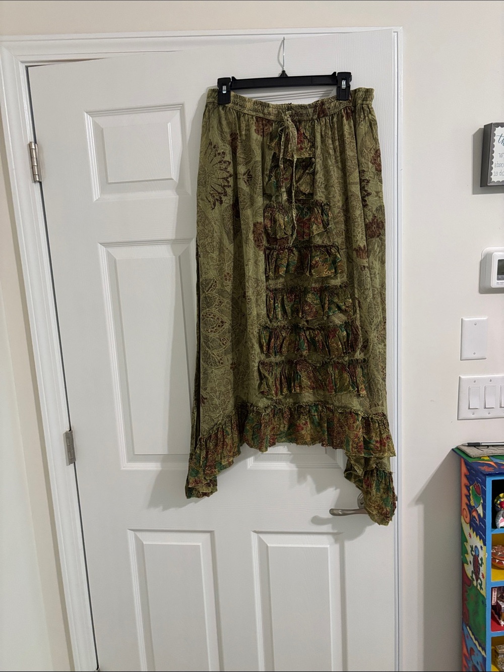 Bohemian Olive Green Ruffled Midi Skirt